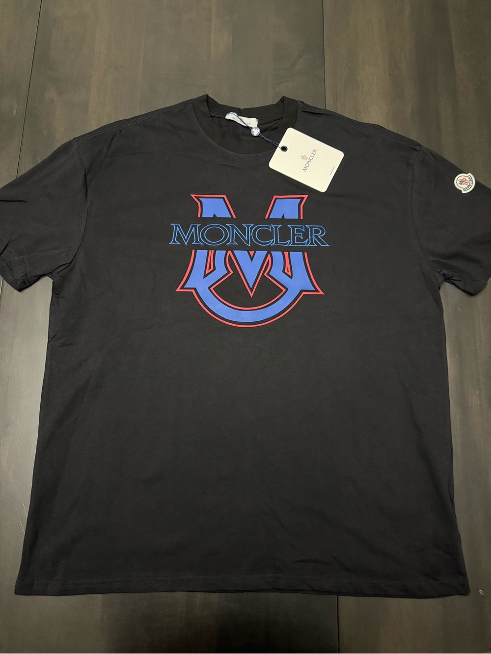 Moncler Black Short-Sleeve Logo Tee with Blue and Red Graphic